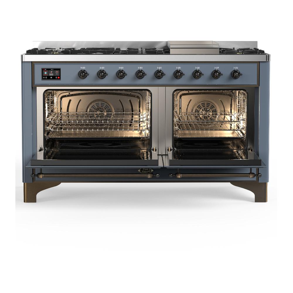 ILVE UM60FQNR3BGB Majestic III 60 inch Dual Fuel Range with 9 Burners and Griddle, Dual Function Burner up to 25,000 BTU (Natural Gas, Solid Door, Blue Grey, Burnished)