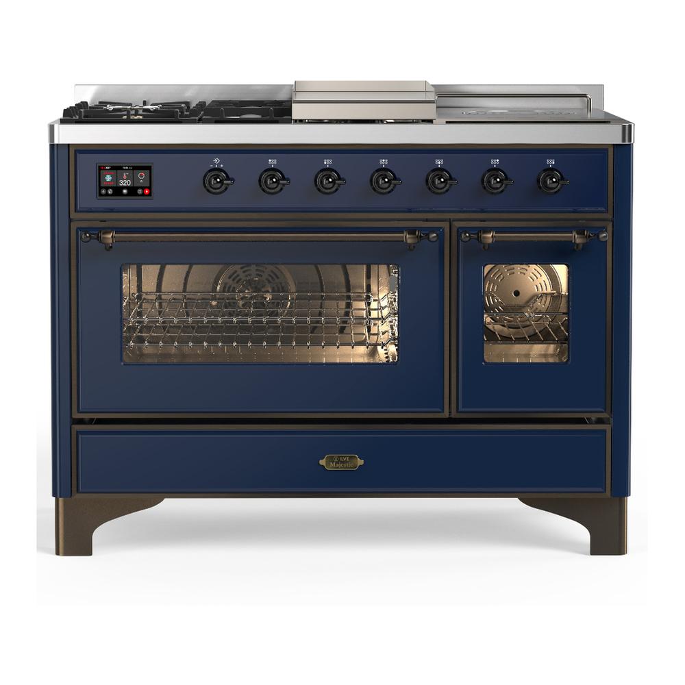 ILVE UM48FSNR3MBBLP Majestic III 48 inch Dual Fuel Range with 5 Black Brass Burners, Griddle and French Top, Dual Function Burner up to 25,000 BTU (Liquid Propane, Triple Glass Door, Midnight Blue, Burnished)