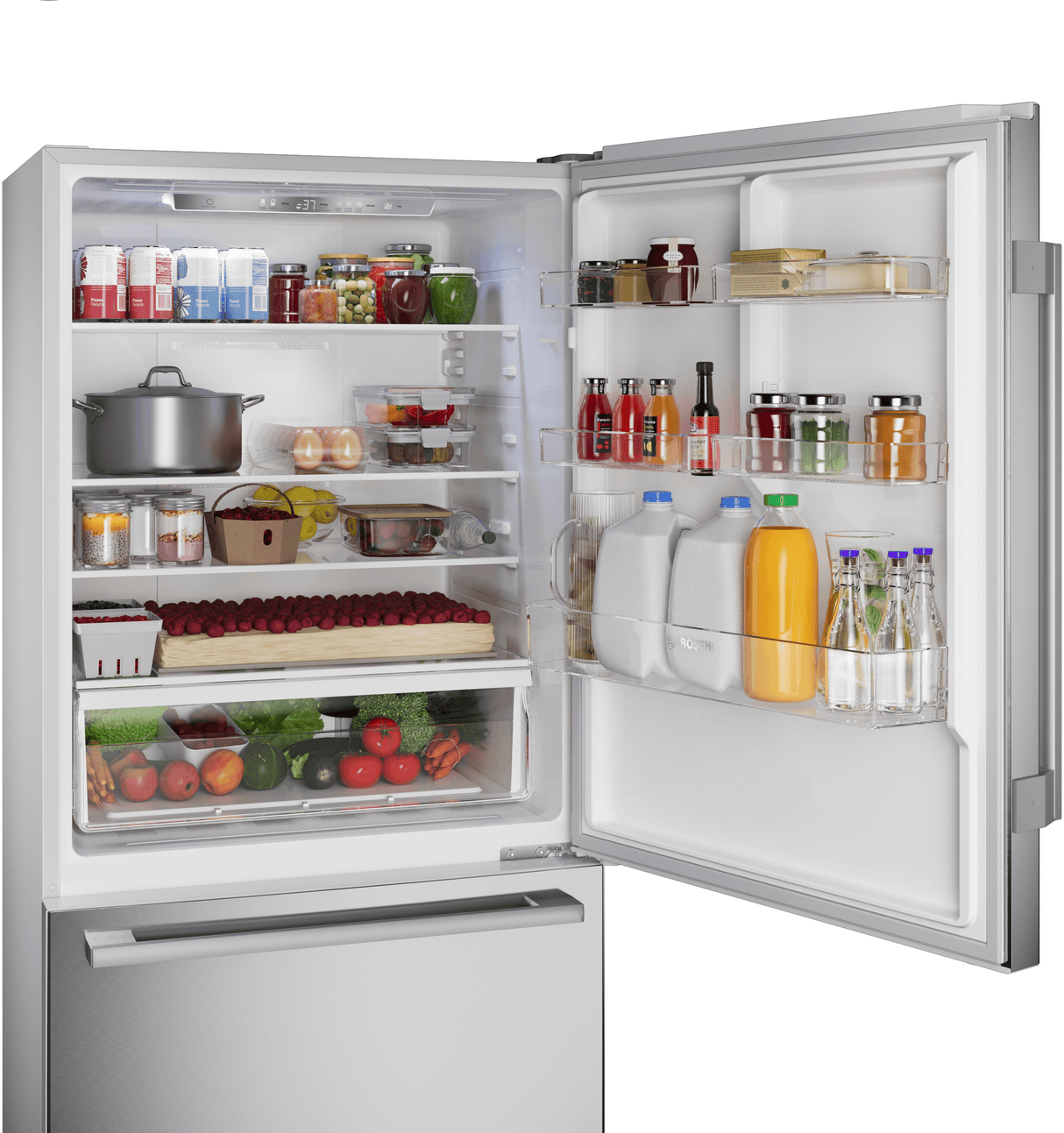100 Series, free-standing fridge-freezer with freezer at bottom, Brushed steel (with anti-fingerprint), Total No Frost