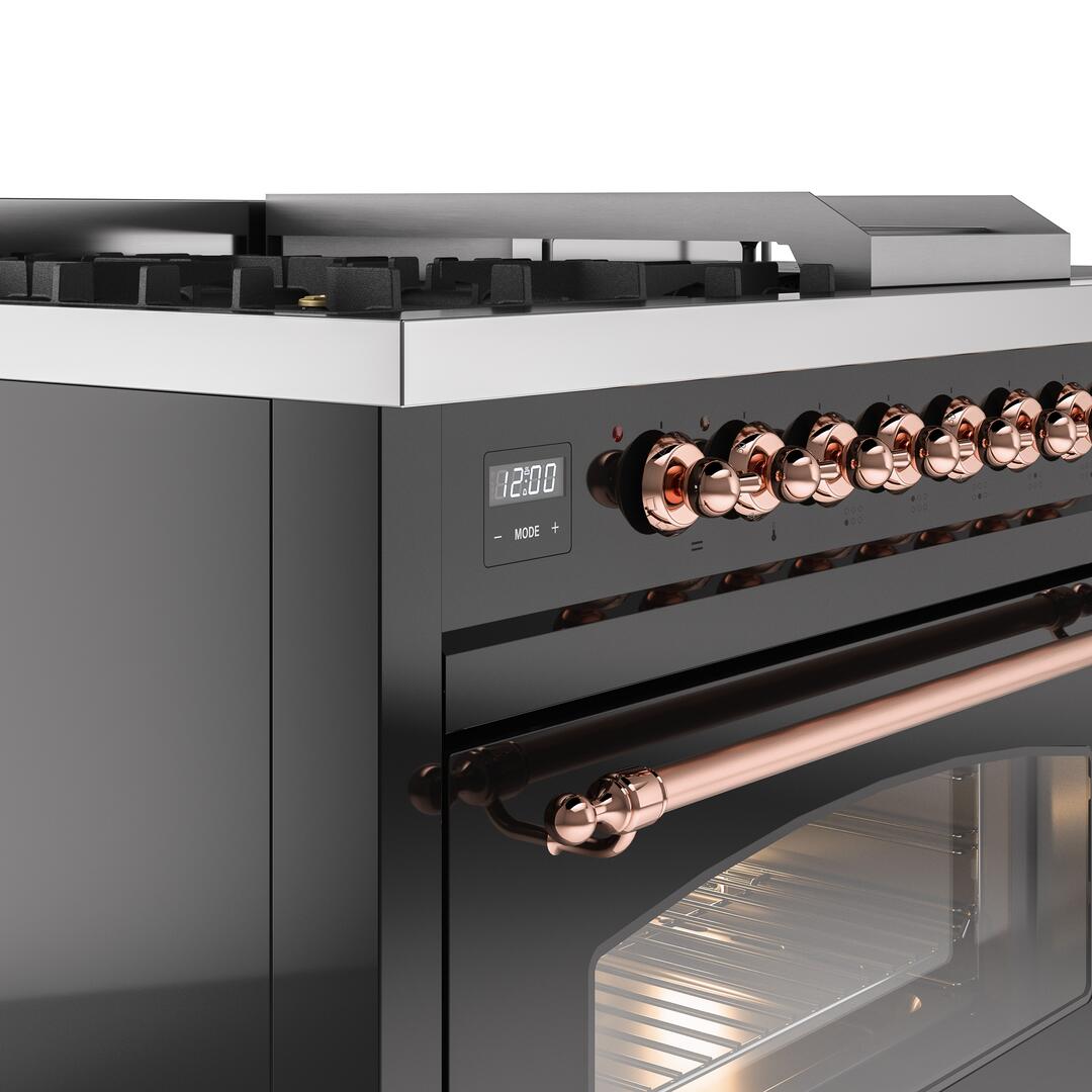 Nostalgie II 48 Inch Dual Fuel Natural Gas Freestanding Range in Glossy Black with Copper Trim