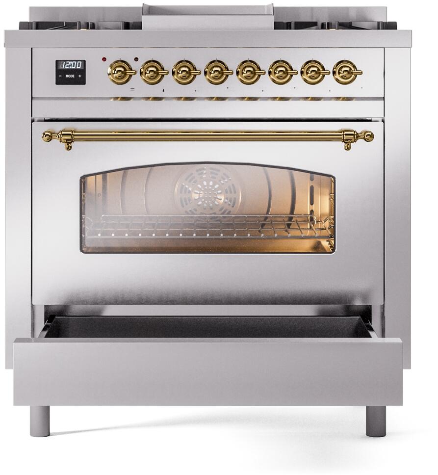 Nostalgie II 36 Inch Dual Fuel Natural Gas Freestanding Range in Stainless Steel with Brass Trim