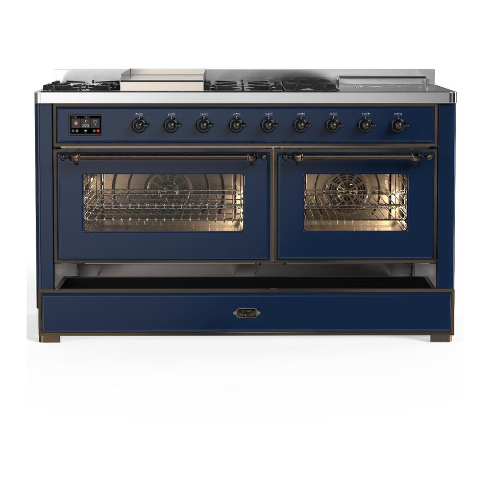 ILVE UM60FSNR3MBBLP Majestic III 60 inch Dual Fuel Range with 7 Burners, Griddle and French Top, Dual Function Burner with up to 25,000 BTU (Liquid Propane, Triple Glass Door, Midnight Blue, Burnished)