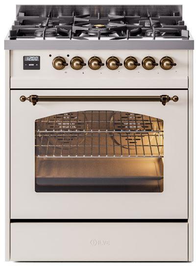 Nostalgie II 30 Inch Dual Fuel Natural Gas Freestanding Range in Antique White with Bronze Trim