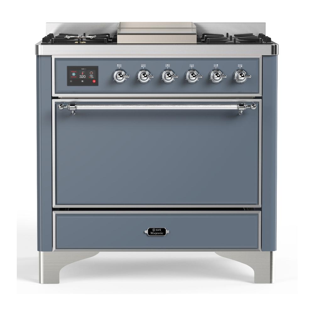 ILVE UM36FQNR3BGC Majestic III 36 inch Dual Fuel Range with 6 Black Brass Burners and Griddle, Dual Function Burner up to 25,000 BTU (Solid Door, Blue Grey, Chrome, Natural Gas)