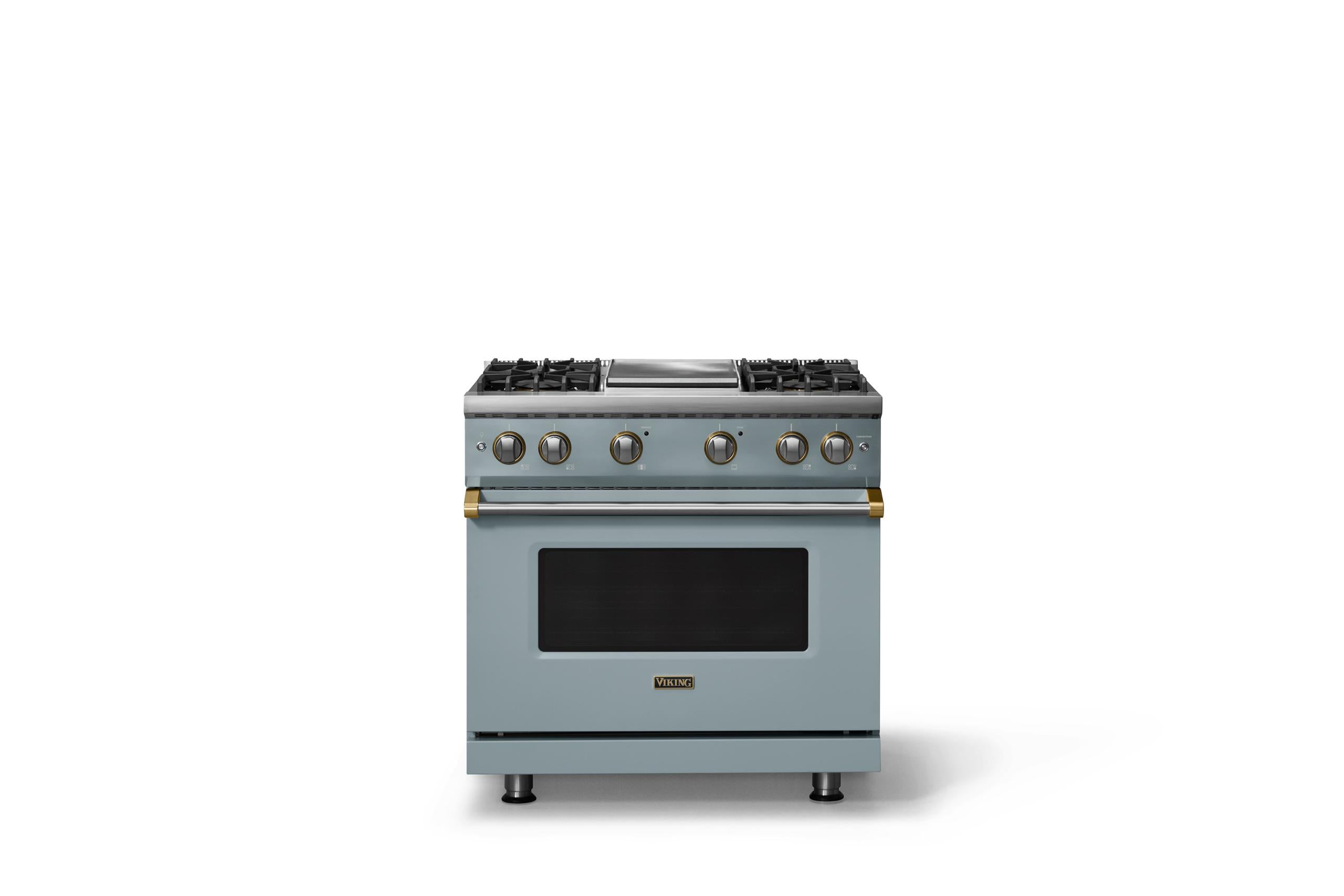 36"W. Sealed Burner Gas Range (Burner: 4g, Finish: November Sky, Trim: Brushed Brass, Fuel: Propane)