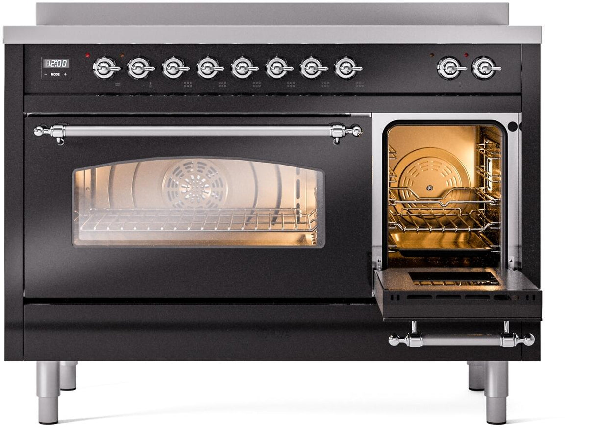 Nostalgie II 48 Inch Electric Freestanding Range in Glossy Black with Chrome Trim