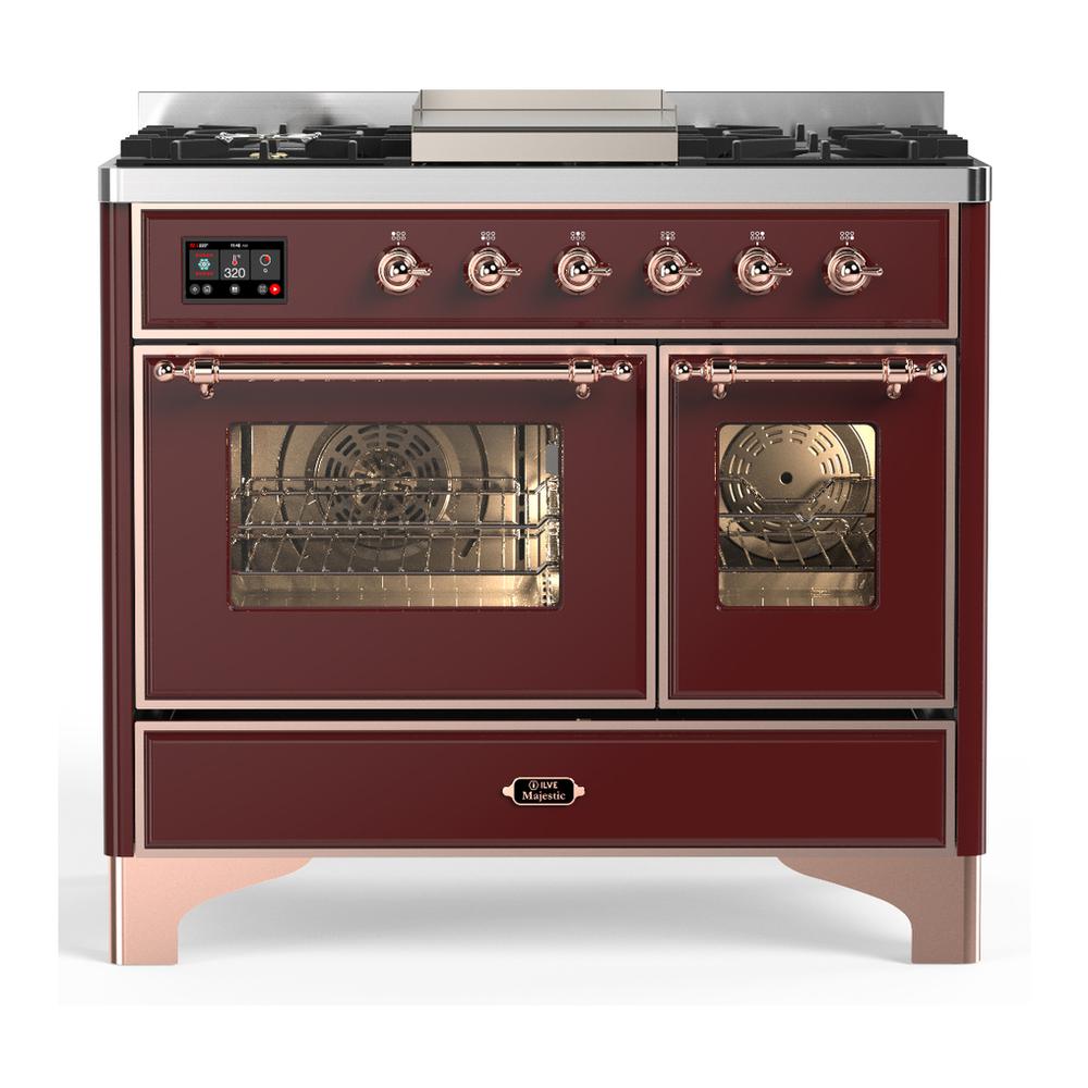ILVE UMD40FNR3BUP Majestic III 40 inch Dual Fuel Range with 6 Burners and Griddle, Dual Function Burner up to 25,000 BTU (Natural Gas, Triple Glass Door, Burgundy, Copper)