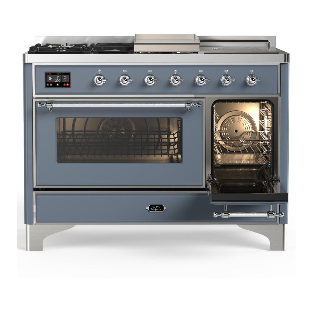 ILVE UM48FSNR3BGC Majestic III 48 inch Dual Fuel Range with 5 Black Brass Burners, Griddle and French Top, Dual Function Burner up to 25,000 BTU (Natural Gas, Triple Glass Door, Blue Grey, Chrome)