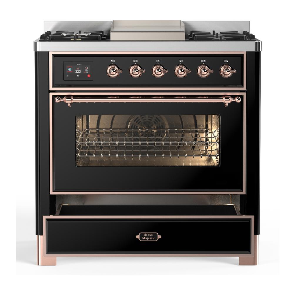 ILVE UM36FNR3BKP Majestic III 36 inch Dual Fuel Range with 6 Black Brass Burners and Griddle, Dual Function Burner up to 25,000 BTU (Triple Glass Door, Glossy Black, Copper, Natural Gas)