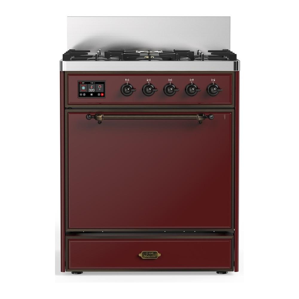 ILVE UM30QNR3BUB Majestic III 30 inch Dual Fuel Range with 5 Black Brass Burners, Dual Function Burner up to 25,000 BTU (Natural Gas, Solid Door, Burgundy, Burnished)