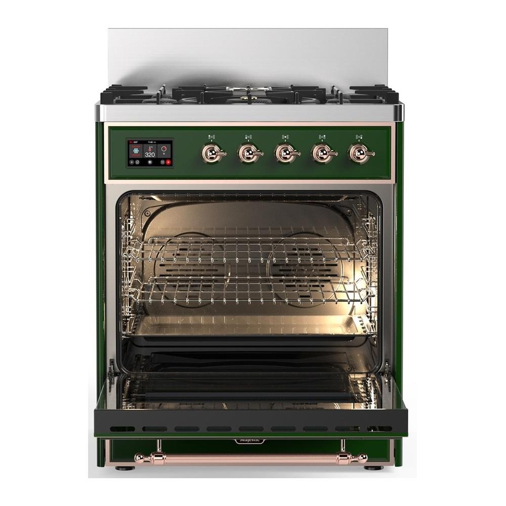 ILVE UM30QNR3EGP Majestic III 30 inch Dual Fuel Range with 5 Black Brass Burners, Dual Function Burner up to 25,000 BTU (Natural Gas, Solid Door, Emerald Green, Copper)