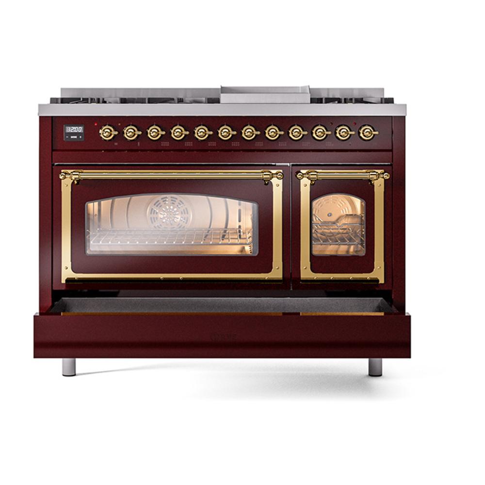 ILVE UN48FNMPBUGLP Nostalgie II Noblesse 48 inch Dual Fuel Range (8 Sealed Burners + Griddle, Liquid Propane, Triple Glass Door, Burgundy, Brass)
