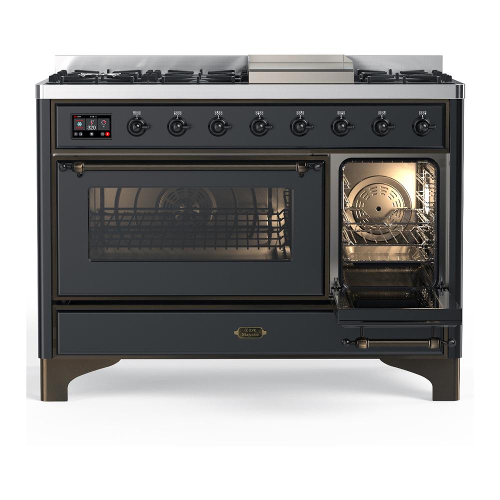 ILVE UM48FNR3MGBLP Majestic III 48 inch Dual Fuel Range with 8 Burners and Griddle, Dual Function Burner up to 25,000 BTU (Liquid Propane, Triple Glass Door, Graphite Matte, Burnished)
