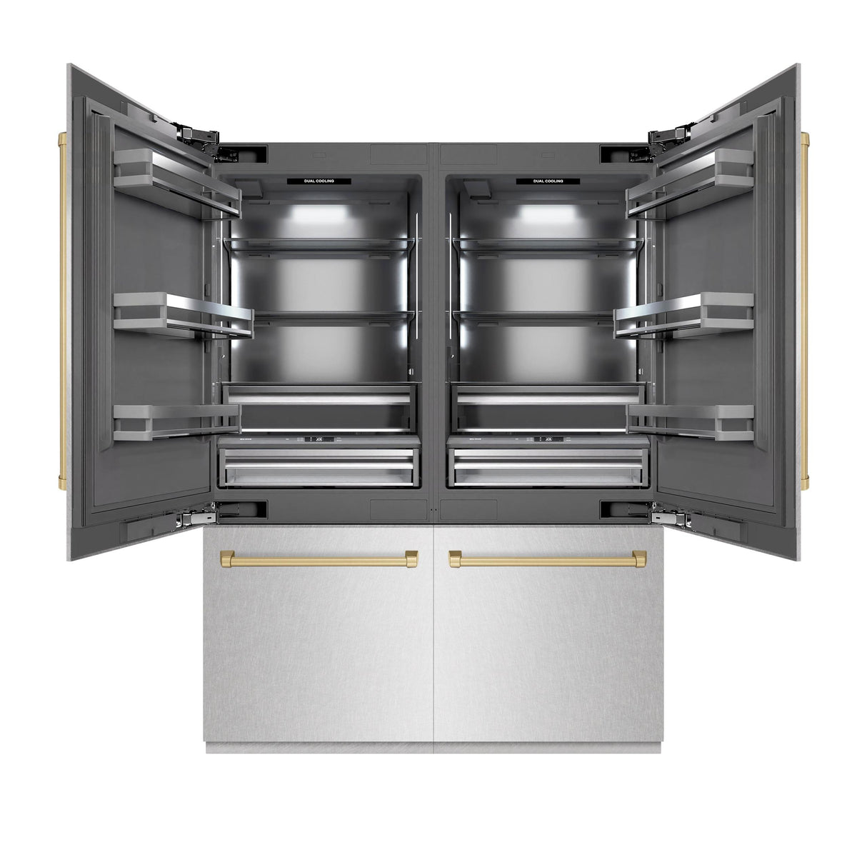 ZLINE Autograph Edition 60 in. 32.2 cu. ft. French Door Built-In Bottom Freezer Refrigerator with Water Dispenser and Ice Maker in DuraSnow' Stainless Steel with Graphite Gray Interior and Champagne Bronze Accents (GRBIVZ-SN-60-CB)