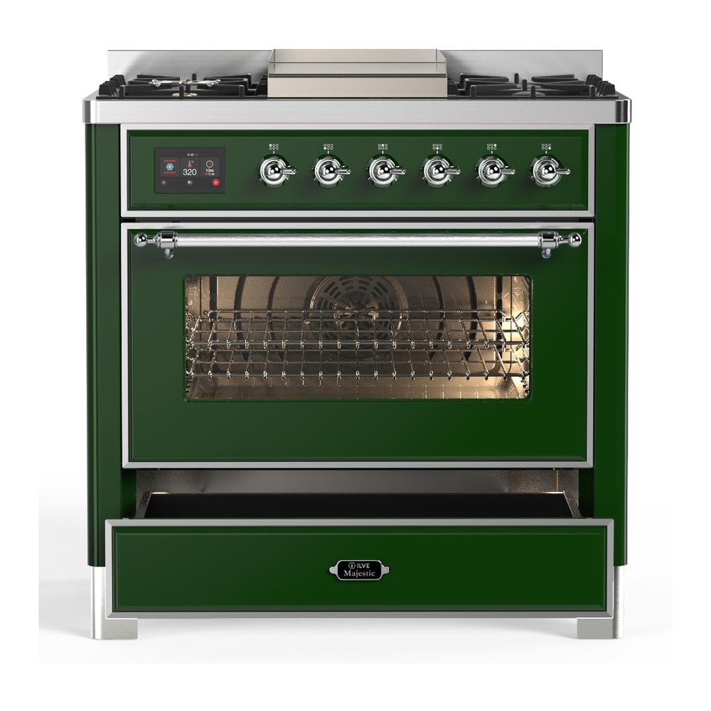 ILVE UM36FNR3EGC Majestic III 36 inch Dual Fuel Range with 6 Black Brass Burners and Griddle, Dual Function Burner up to 25,000 BTU (Triple Glass Door, Emerald Green, Chrome, Natural Gas)