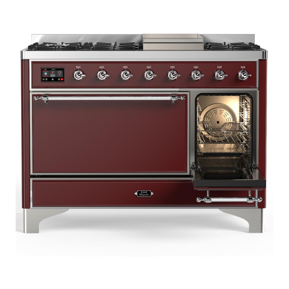 ILVE UM48FQNR3BUC Majestic III 48 inch Dual Fuel Range with 8 Burners and Griddle, Dual Function Burner up to 25,000 BTU (Natural Gas, Solid Door, Burgundy, Chrome)
