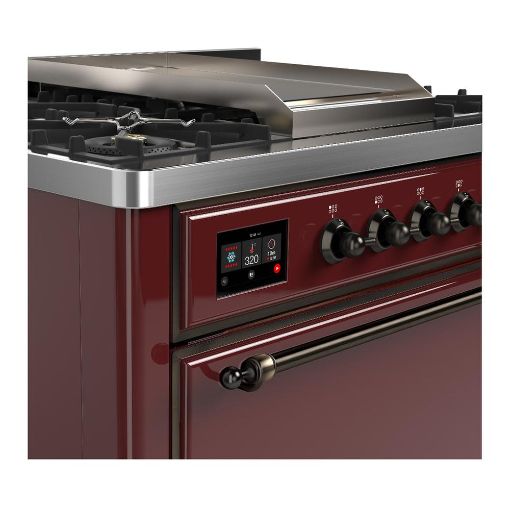ILVE UM36FQNR3BUBLP Majestic III 36 inch Dual Fuel Range with 6 Black Brass Burners and Griddle, Dual Function Burner up to 25,000 BTU (Solid Door, Burgundy, Burnished, Liquid Propane)