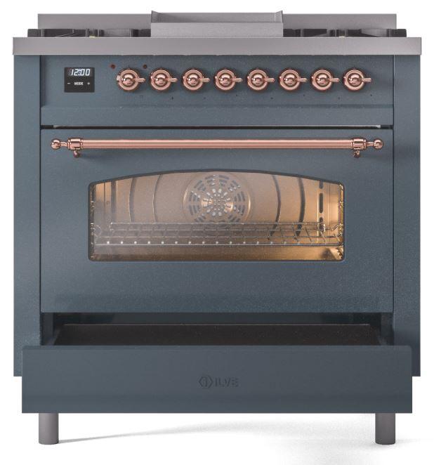 Nostalgie II 36 Inch Dual Fuel Natural Gas Freestanding Range in Blue Grey with Copper Trim