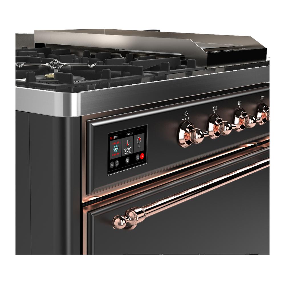 ILVE UM48FSQNR3MGP Majestic III 48 inch Dual Fuel Range with 5 Black Brass Burners, Griddle and French Top, Dual Function Burner up to 25,000 BTU (Natural Gas, Solid Door, Graphite Matte, Copper)