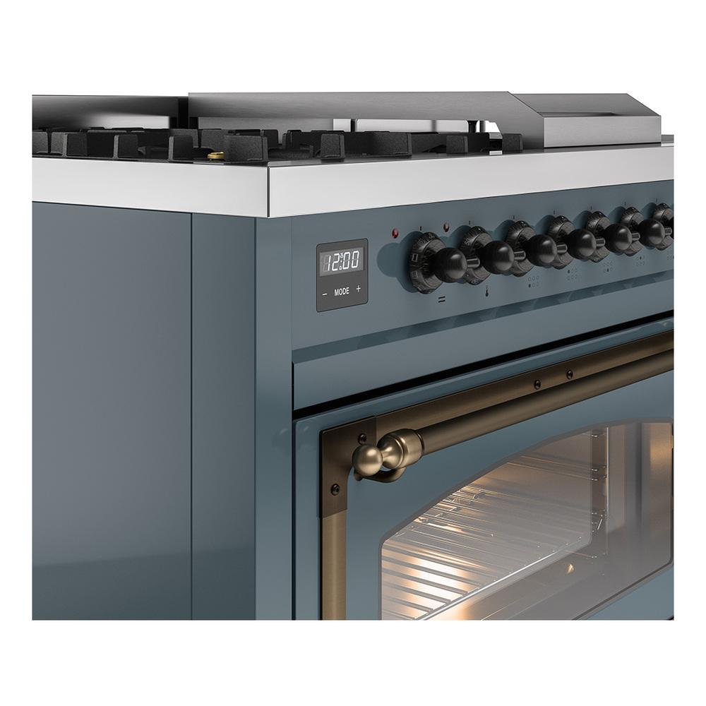 ILVE UN48FSNMPBGBLP Nostalgie II Noblesse 48 inch Dual Fuel Range (5 Sealed Burners + Griddle + French Top, Liquid Propane, Triple Glass Door, Blue Grey, Burnished)