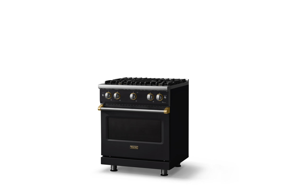 30"W. Sealed Burner Gas Range (Finish: Onyx, Trim: Brushed Brass, Fuel: Natural Gas)