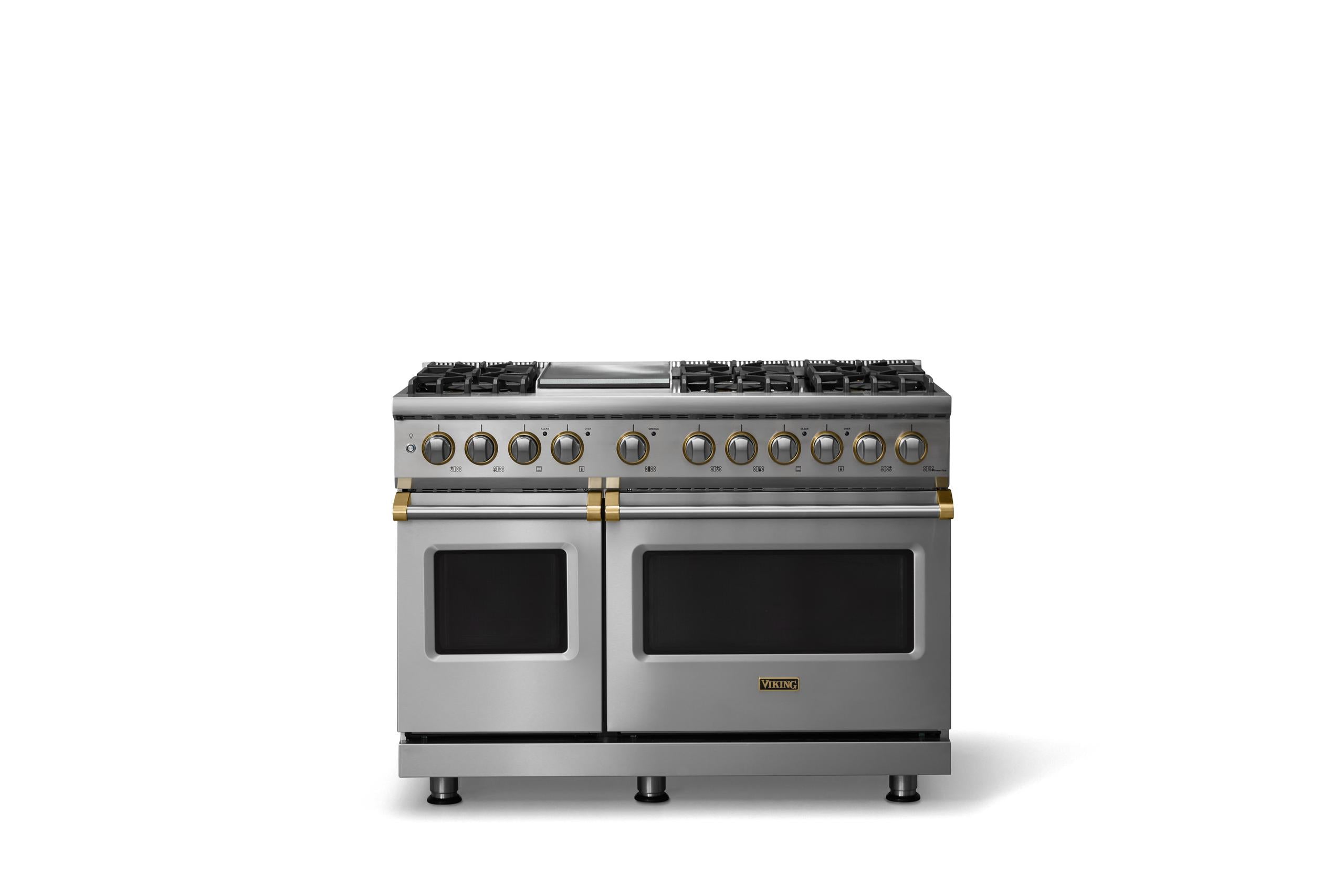 48"W. Dual Fuel Range (Burner: 6g, Finish: Stainless Steel, Trim: Brushed Brass, Fuel: Natural Gas)