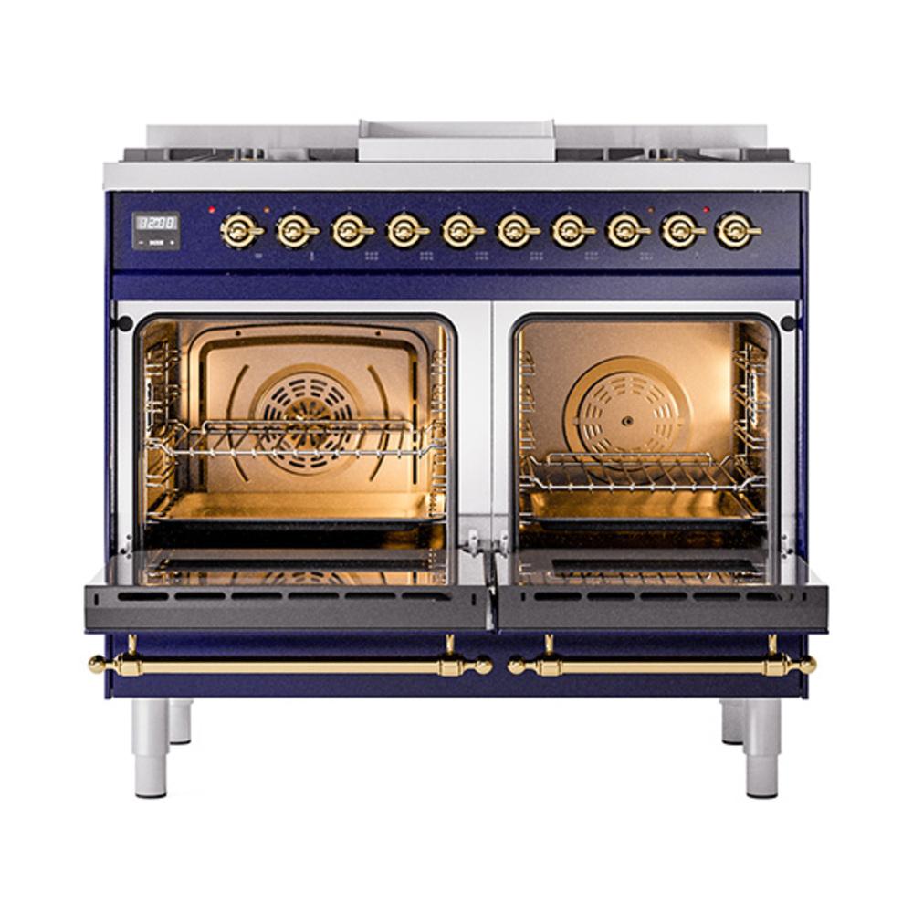 ILVE UND40FQNMPMBGLP Nostalgie II Noblesse 40 inch Dual Fuel Range (Liquid Propane, Solid Door, Midnight Blue, Brass)