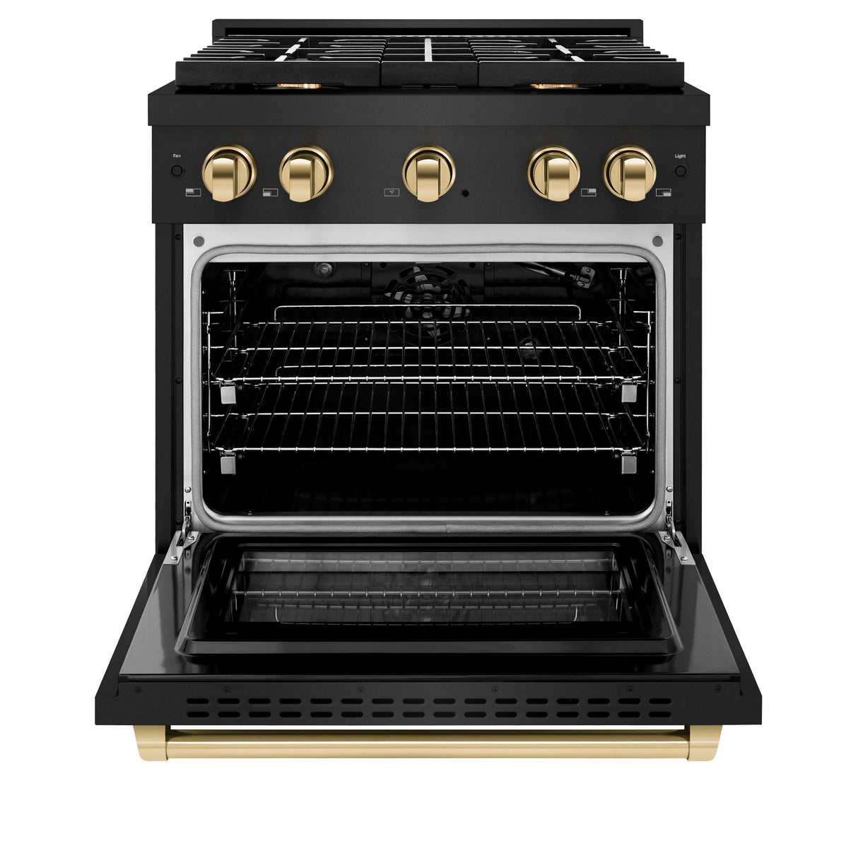 ZLINE Autograph Edition 30 in. 4.2 cu. ft. 4 Burner Gas Range with Convection Gas Oven in Black Stainless Steel and Polished Gold Accents (SGRBZ-30-G)