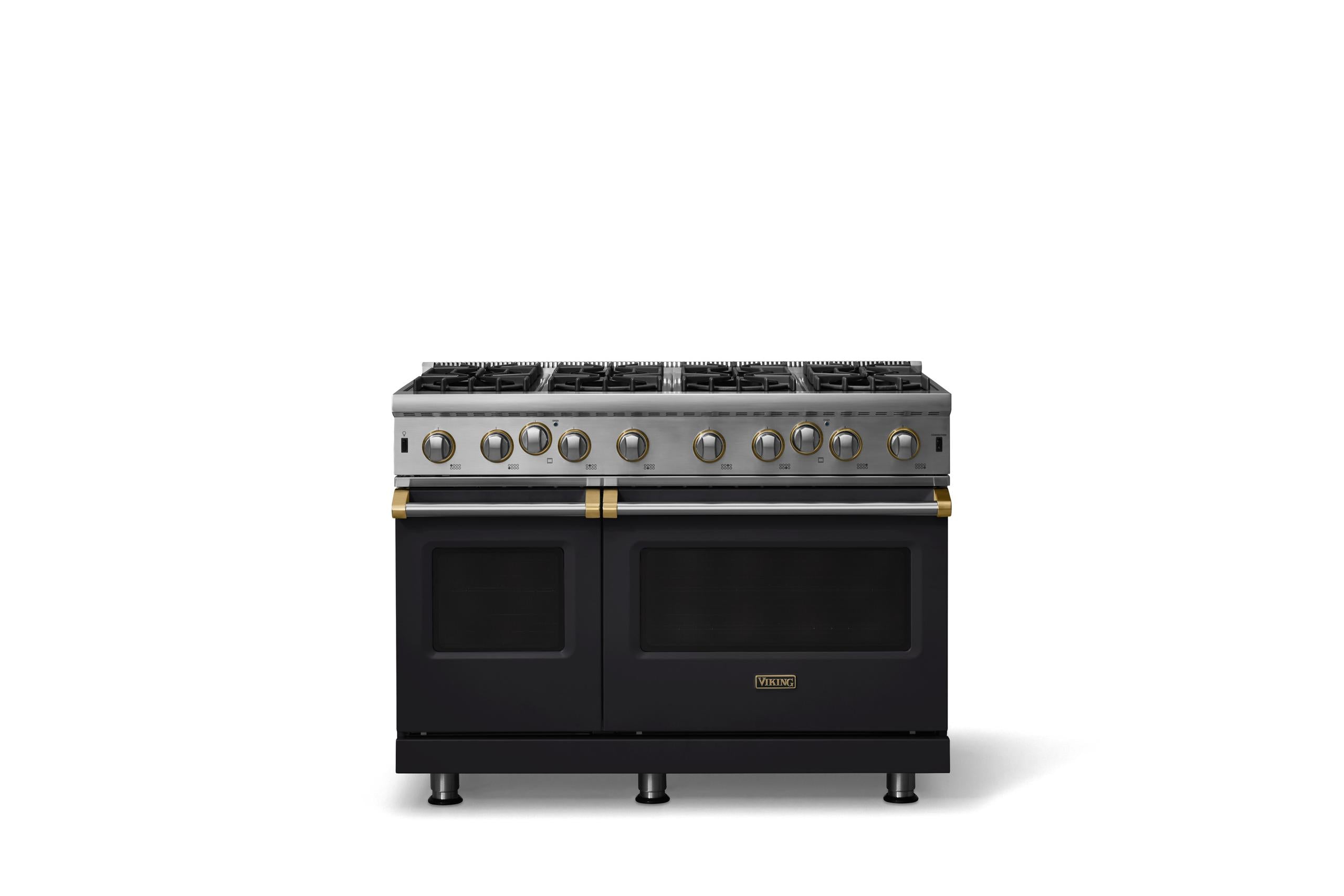 48"W. Open Burner Gas Range (Finish: Onyx, Trim: Brushed Brass, Fuel: Natural Gas)