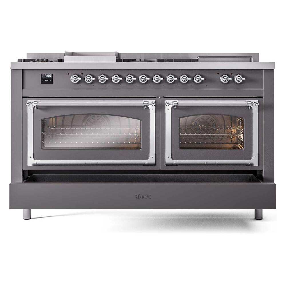ILVE UN60FSNMPMGC Nostalgie II Noblesse 60 inch Dual Fuel Range (7 Sealed Burners + Griddle + French Top, Natural Gas, Triple Glass Door, Graphite Matte, Chrome)