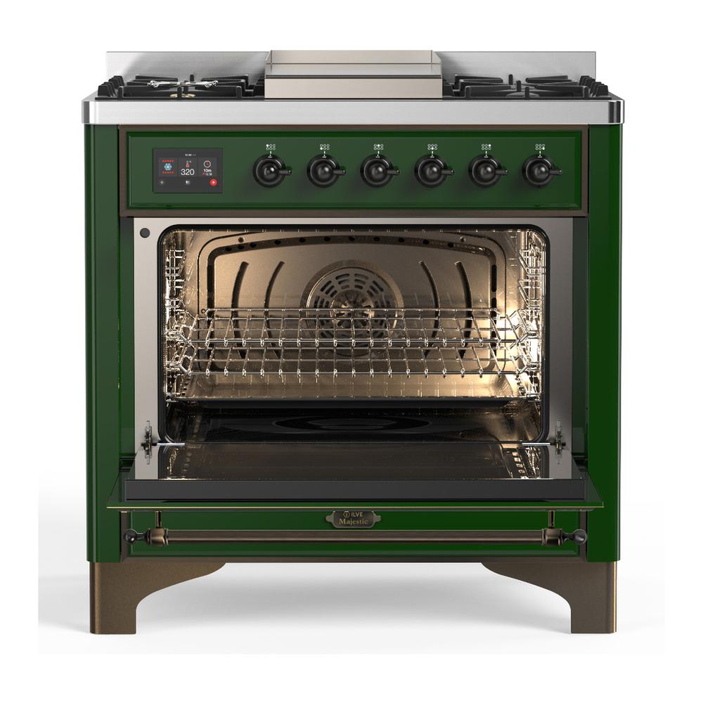 ILVE UM36FNR3EGB Majestic III 36 inch Dual Fuel Range with 6 Black Brass Burners and Griddle, Dual Function Burner up to 25,000 BTU (Triple Glass Door, Emerald Green, Burnished, Natural Gas)