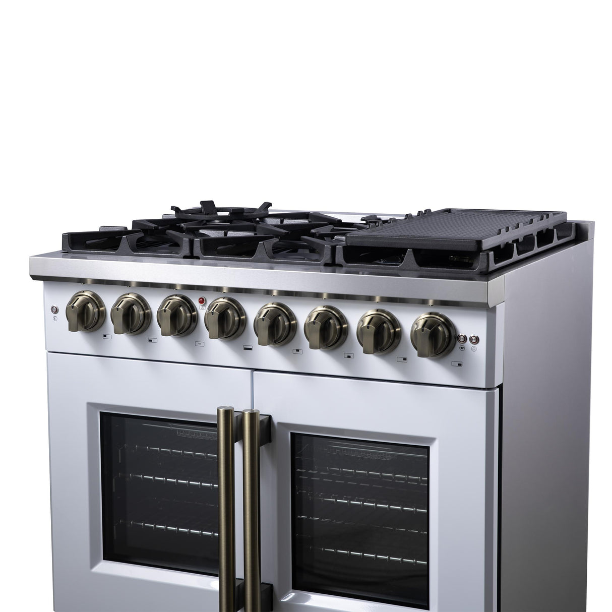 Forno Capriasca 36 Inch Freestanding French Door Dual Fuel Range in White with Antique Brass Accessories, 6 Burners, True Convection Oven