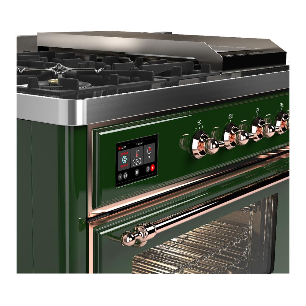 ILVE UM48FSNR3EGPLP Majestic III 48 inch Dual Fuel Range with 5 Black Brass Burners, Griddle and French Top, Dual Function Burner up to 25,000 BTU (Liquid Propane, Triple Glass Door, Emerald Green, Copper)