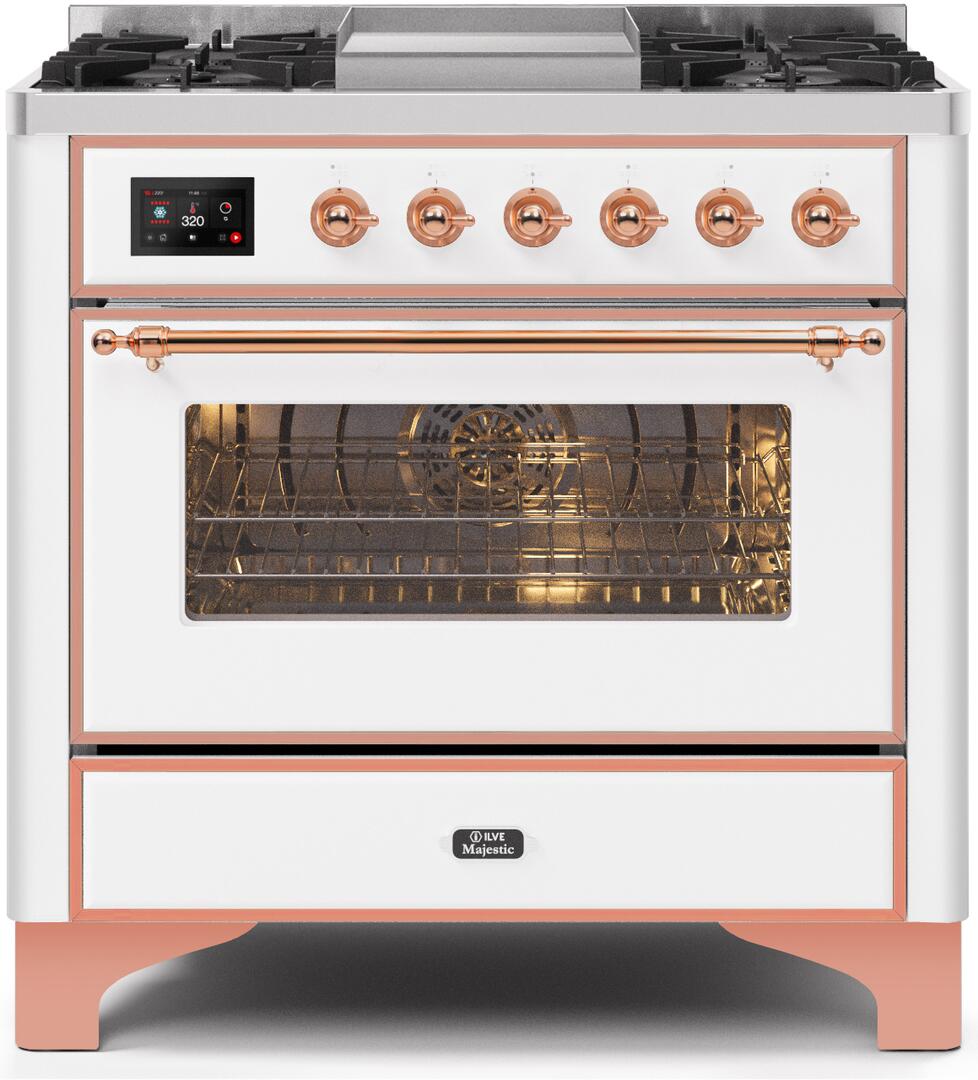 Majestic II 36 Inch Dual Fuel Liquid Propane Freestanding Range in White with Copper Trim