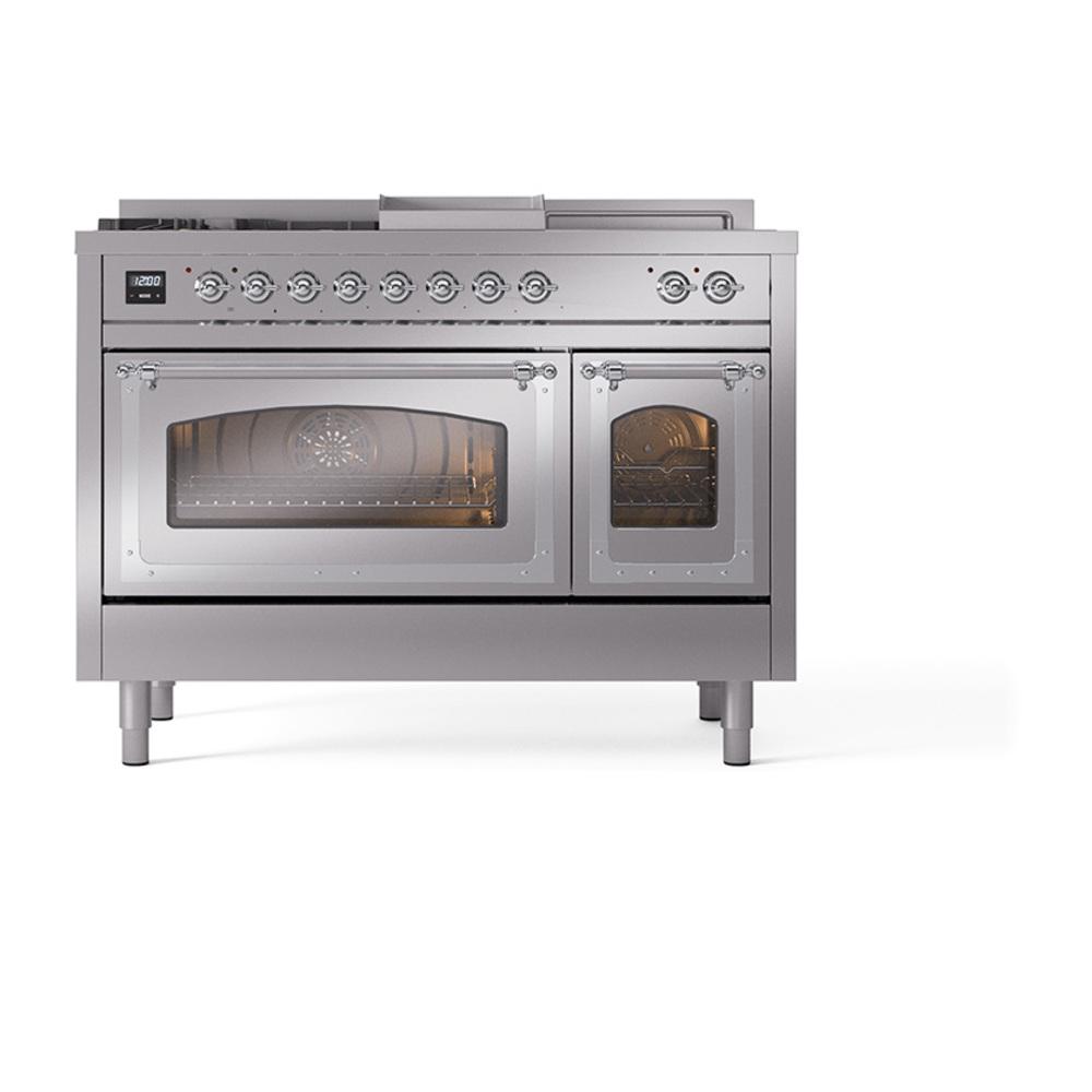 ILVE UN48FSNMPSSCLP Nostalgie II Noblesse 48 inch Dual Fuel Range (5 Sealed Burners + Griddle + French Top, Liquid Propane, Triple Glass Door, Stainless Steel, Chrome)