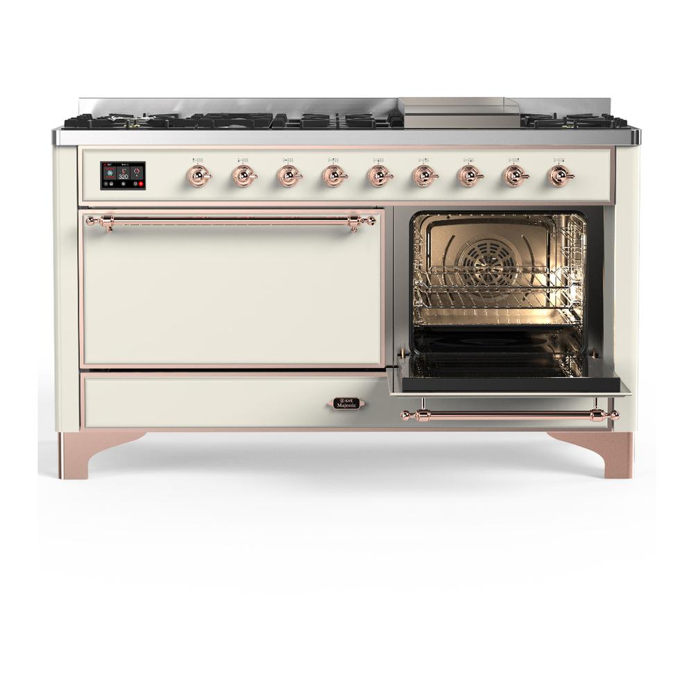ILVE UM60FQNR3AWP Majestic III 60 inch Dual Fuel Range with 9 Burners and Griddle, Dual Function Burner up to 25,000 BTU (Natural Gas, Solid Door, Antique White, Copper)