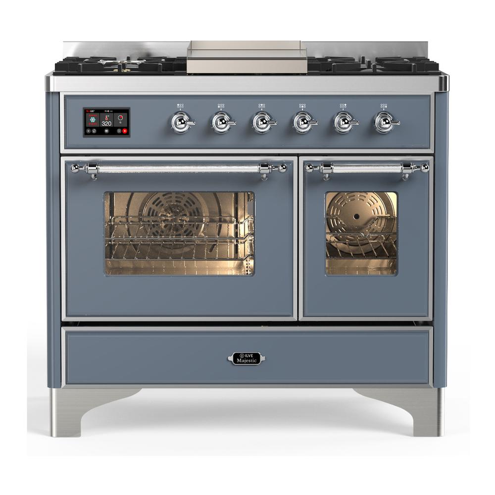 ILVE UMD40FNR3BGC Majestic III 40 inch Dual Fuel Range with 6 Burners and Griddle, Dual Function Burner up to 25,000 BTU (Natural Gas, Triple Glass Door, Blue Grey, Chrome)