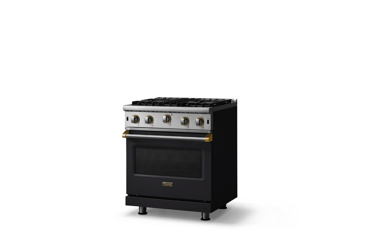 30"W. Open Burner Gas Range (Finish: Onyx, Trim: Brushed Brass, Fuel: Natural Gas)