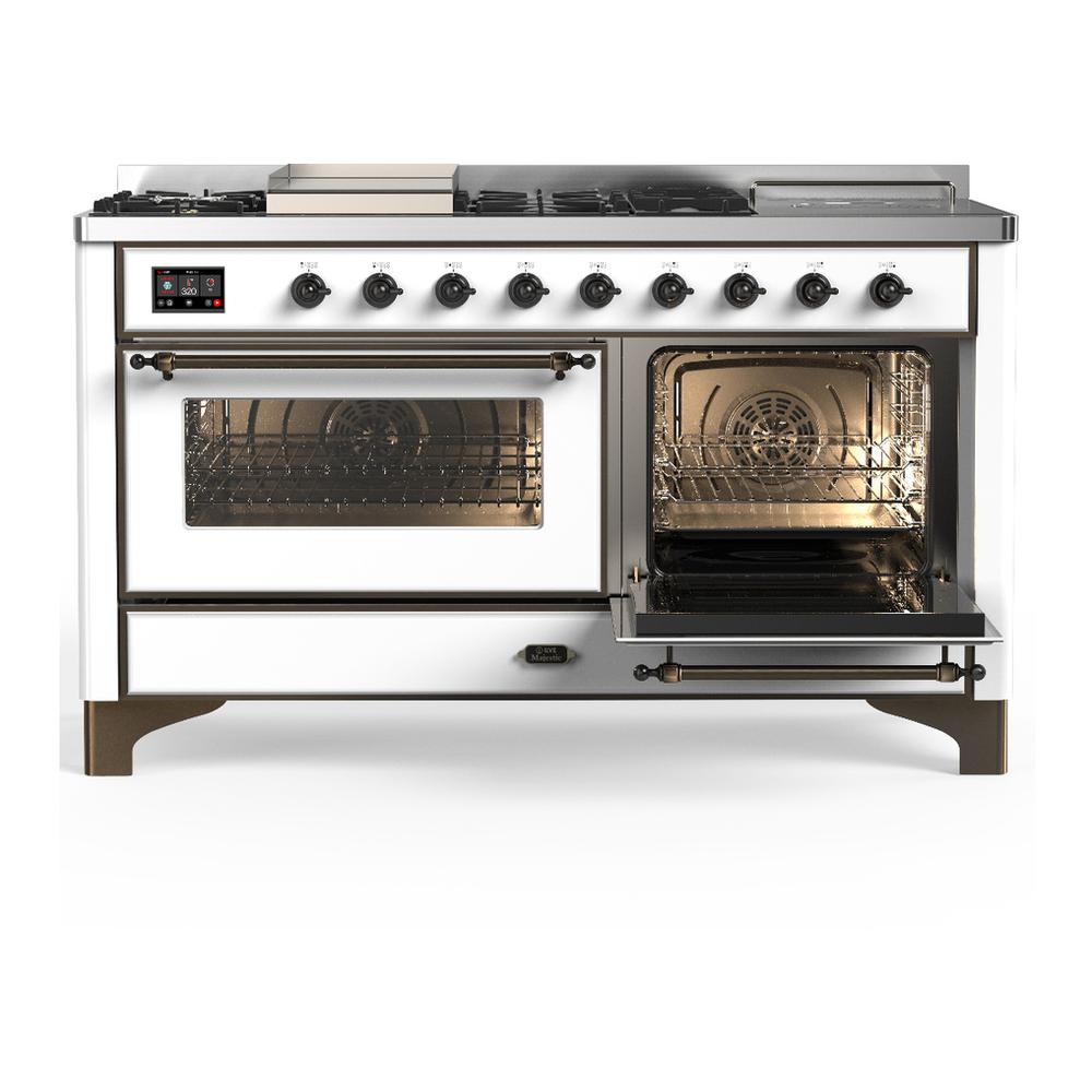 ILVE UM60FSNR3WHB Majestic III 60 inch Dual Fuel Range with 7 Burners, Griddle and French Top, Dual Function Burner with up to 25,000 BTU (Natural Gas, Triple Glass Door, White, Burnished)