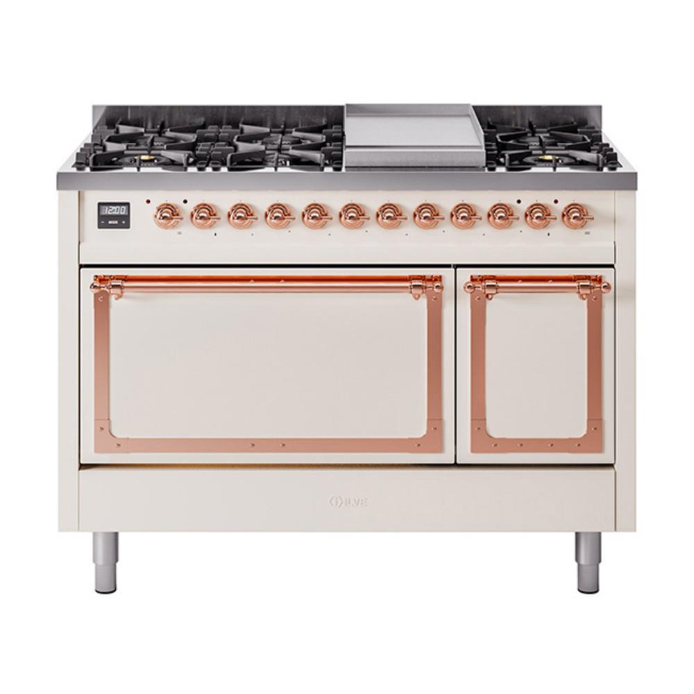 ILVE UN48FQNMPAWP Nostalgie II Noblesse 48 inch Dual Fuel Range (8 Sealed Burners + Griddle, Natural Gas, Solid Door, Antique White, Copper)