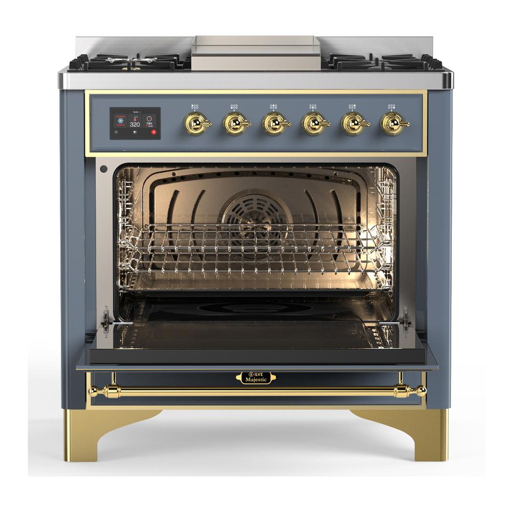 ILVE UM36FNR3BGG Majestic III 36 inch Dual Fuel Range with 6 Black Brass Burners and Griddle, Dual Function Burner up to 25,000 BTU (Triple Glass Door, Blue Grey, Brass, Natural Gas)