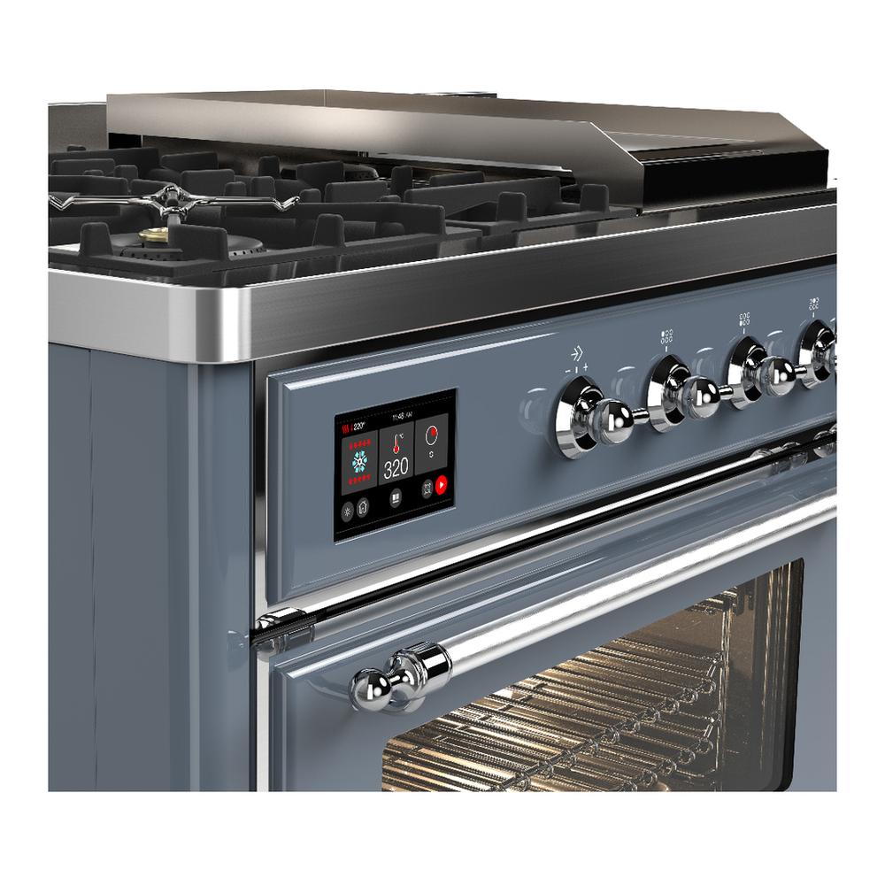 ILVE UM48FSNR3BGC Majestic III 48 inch Dual Fuel Range with 5 Black Brass Burners, Griddle and French Top, Dual Function Burner up to 25,000 BTU (Natural Gas, Triple Glass Door, Blue Grey, Chrome)