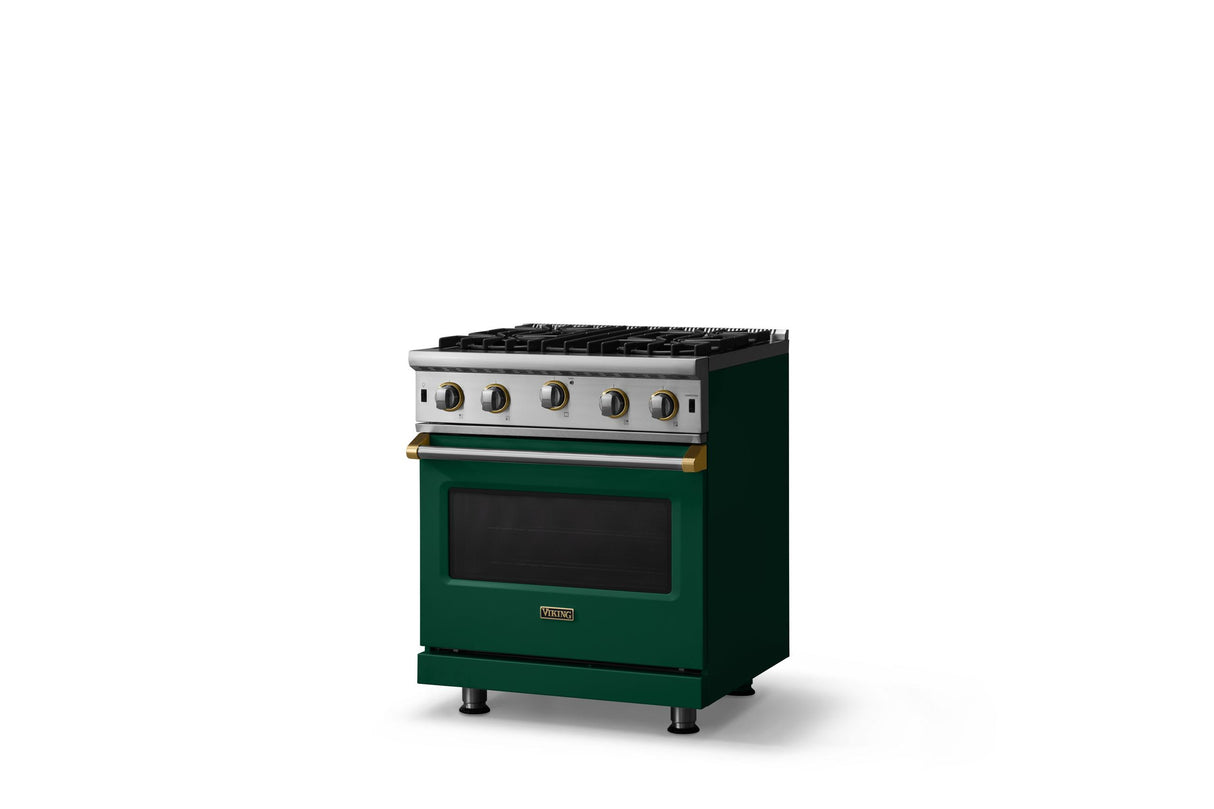 30"W. Open Burner Gas Range (Finish: Ivy, Trim: Brushed Brass, Fuel: Propane)