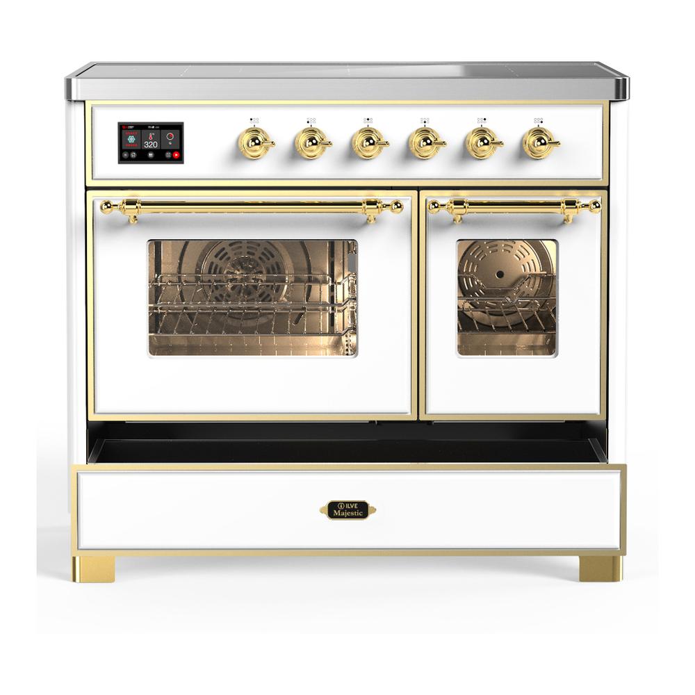 ILVE UMDIB40NR3WHG Majestic III 40 inch Induction Range with 6 Elements, 3.82 cu. ft. Total Oven Capacity (Triple Glass Door, White, Brass)