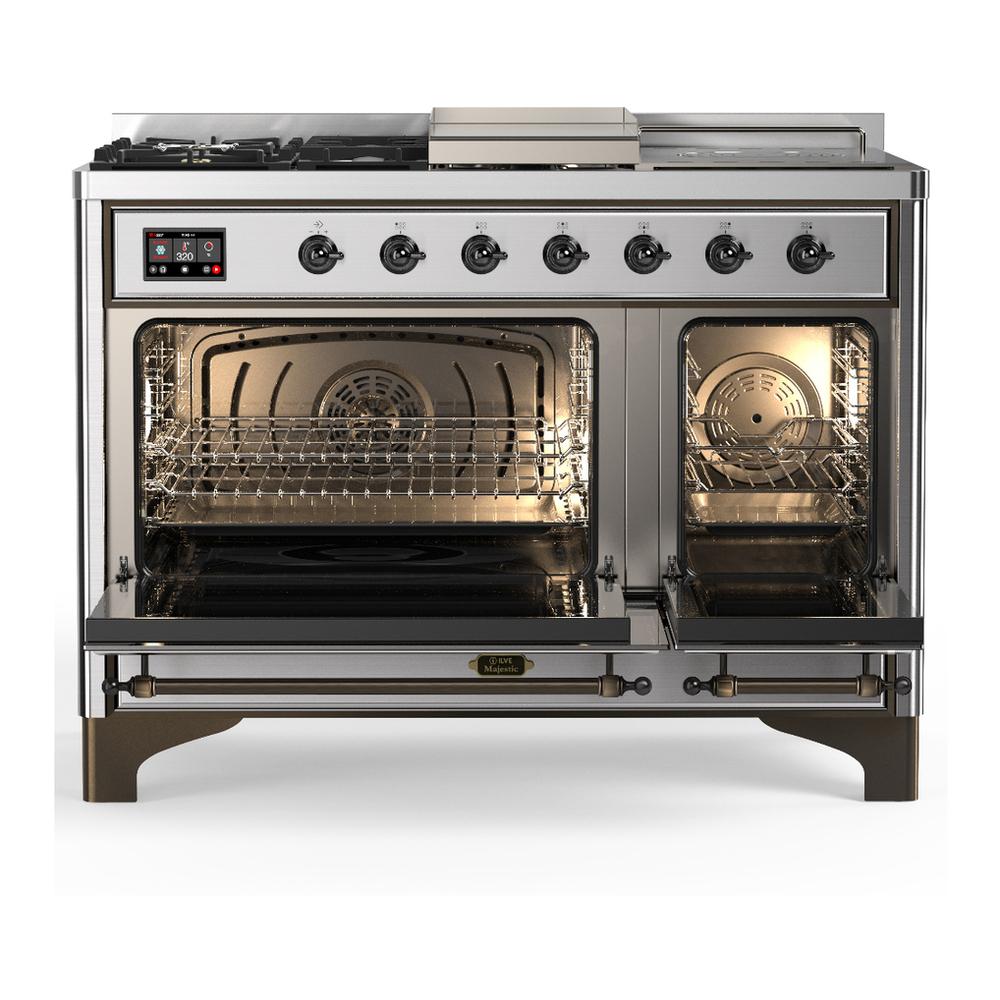 ILVE UM48FSQNR3SSB Majestic III 48 inch Dual Fuel Range with 5 Black Brass Burners, Griddle and French Top, Dual Function Burner up to 25,000 BTU (Natural Gas, Solid Door, Stainless Steel, Burnished)