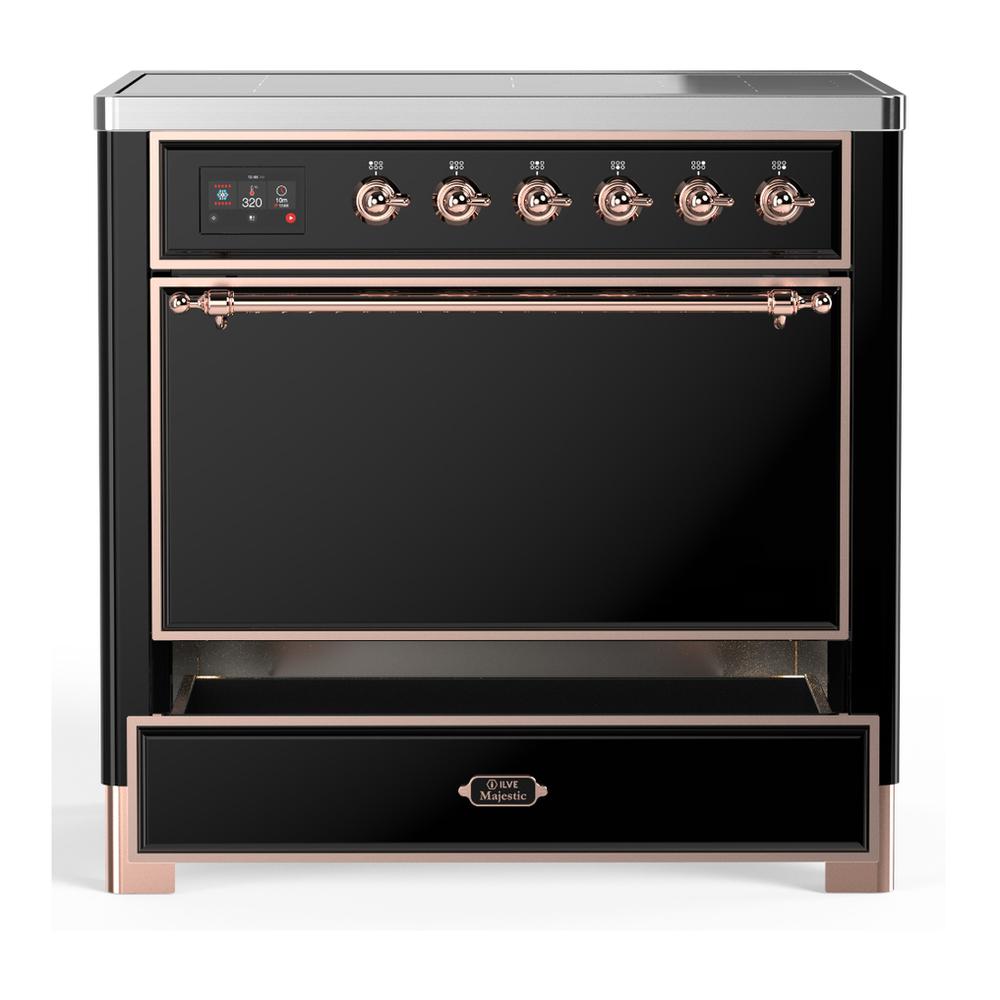 ILVE UMIB36QNR3BKP Majestic III 36 inch Induction Range with 6 Elements, 3.5 cu. ft. Total Oven Capacity (Solid Door, Glossy Black, Copper)