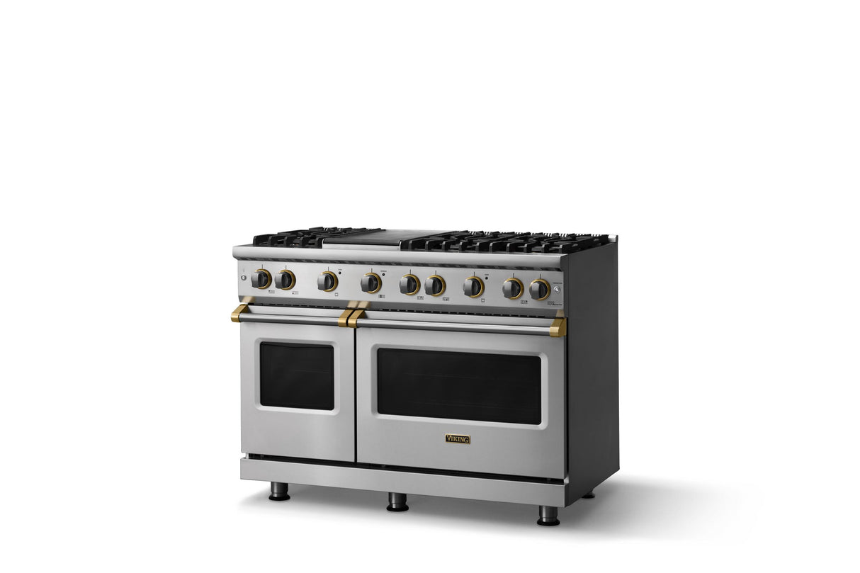48"W. Sealed Burner Gas Range (Burner: 6g, Finish: Stainless Steel, Trim: Brushed Brass, Fuel: Propane)