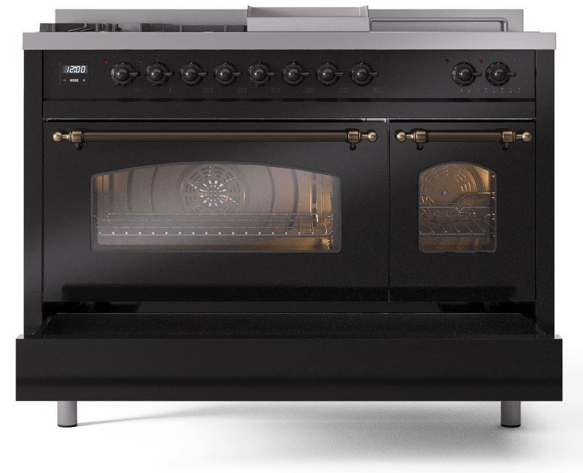 Nostalgie II 48 Inch Dual Fuel Liquid Propane Freestanding Range in Glossy Black with Bronze Trim