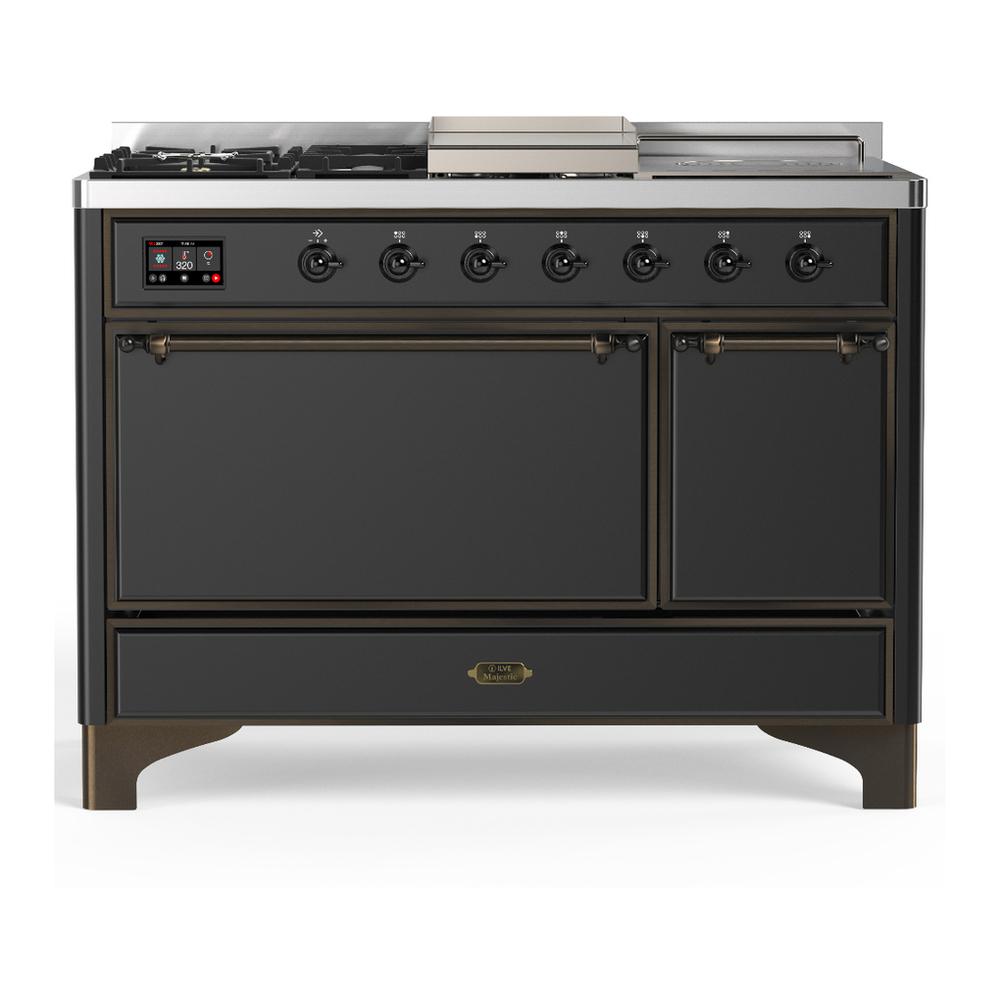 ILVE UM48FSQNR3MGBLP Majestic III 48 inch Dual Fuel Range with 5 Black Brass Burners, Griddle and French Top, Dual Function Burner up to 25,000 BTU (Liquid Propane, Solid Door, Graphite Matte, Burnished)