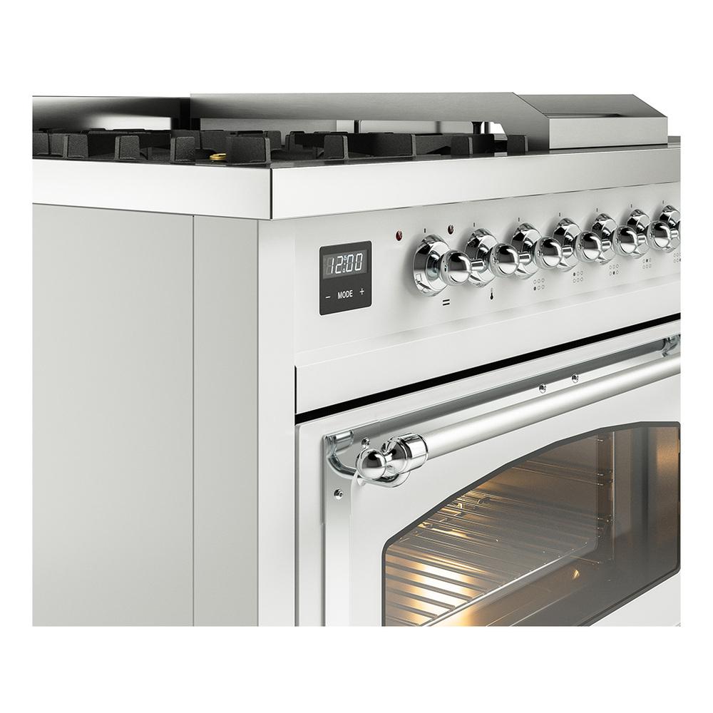 ILVE UN48FSNMPWHC Nostalgie II Noblesse 48 inch Dual Fuel Range (5 Sealed Burners + Griddle + French Top, Natural Gas, Triple Glass Door, White, Chrome)